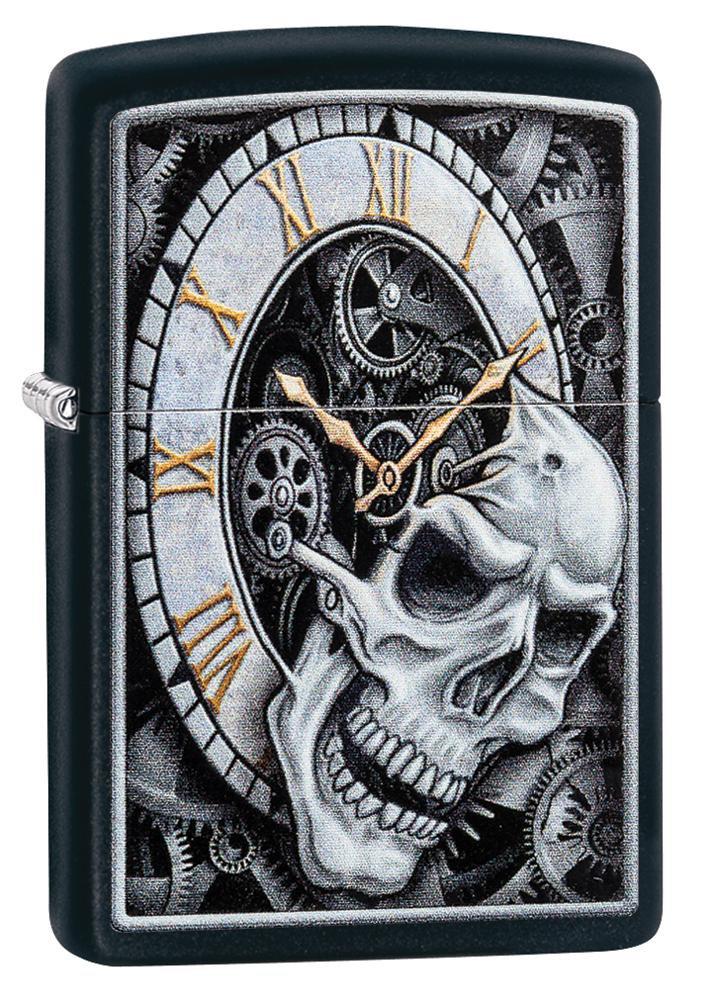 Zippo Skull Clock Design Classic Black Matte Windproof Pocket Lighter