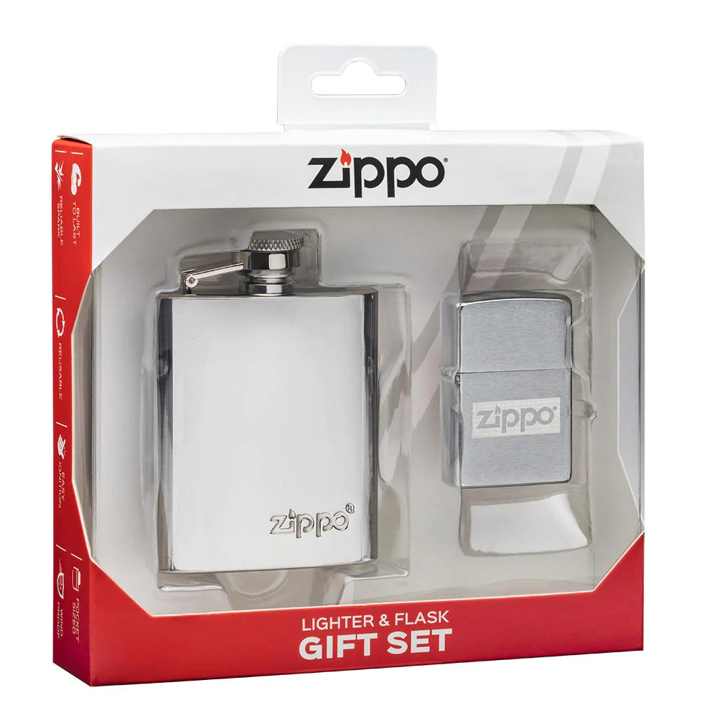 Zippo Classic Brushed Chrome Windproof Pocket Ligther & Flask Gift Set